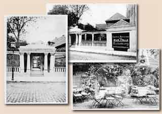 Historische Fotocollage: Vorbau, Fassade und Gartenterrasse der Falle.