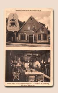 Historische Postkarte mit Fassade und Gaststube.