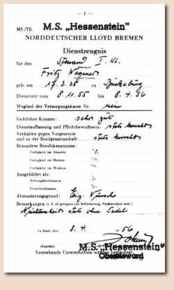Seefahrer-Zeugnis von Fritz Wegener.
