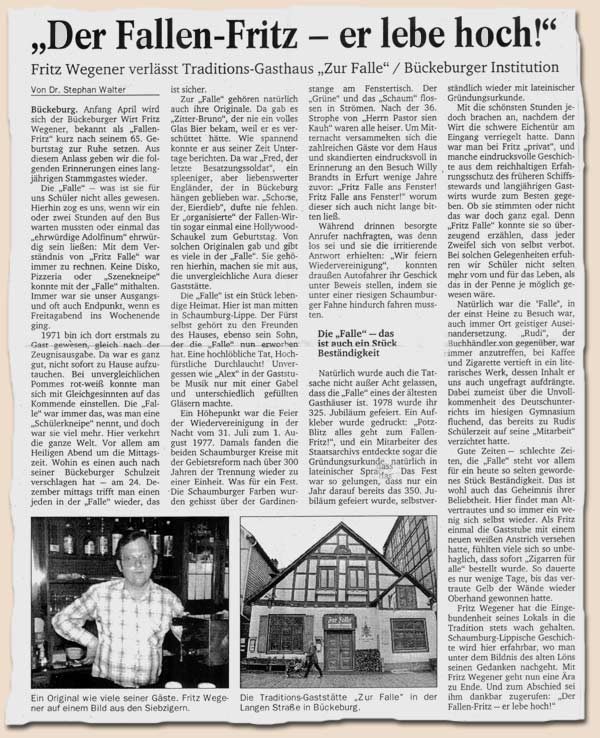 Zeitungsbericht über die Falle und die Ära Walter.